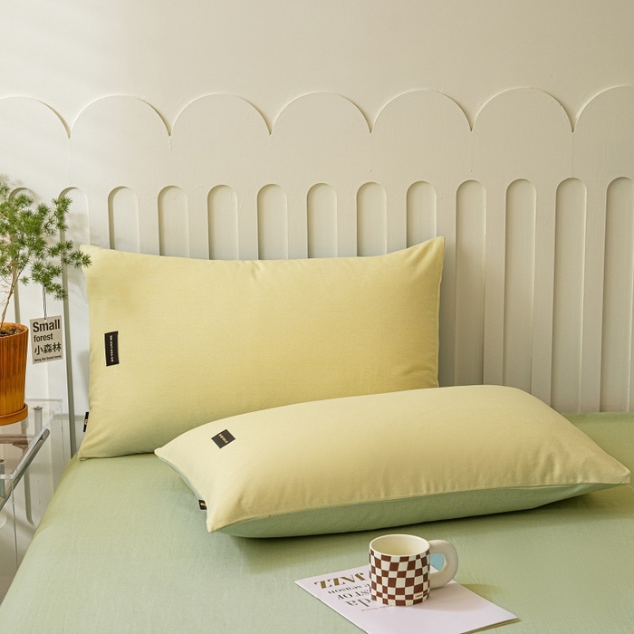 91家纺网 家纺一手货源 找家纺 涵宸家纺 棉磨毛-纯色织标-四件套（含单品） 奶黄+豆绿