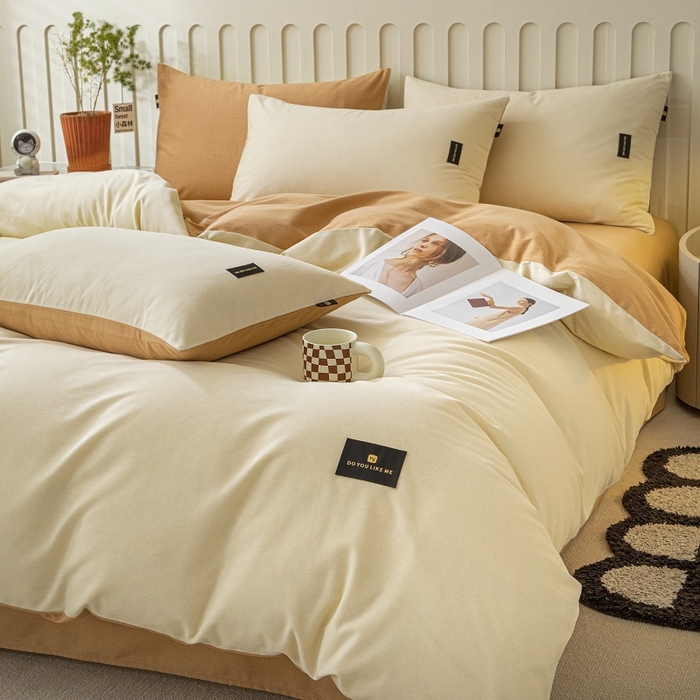 91家纺网 家纺一手货源 找家纺 涵宸家纺 棉磨毛-纯色织标-四件套（含单品） 奶昔白+咖