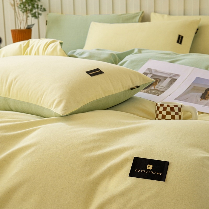 91家纺网 家纺一手货源 找家纺 涵宸家纺 棉磨毛-纯色织标-四件套（含单品） 奶黄+豆绿