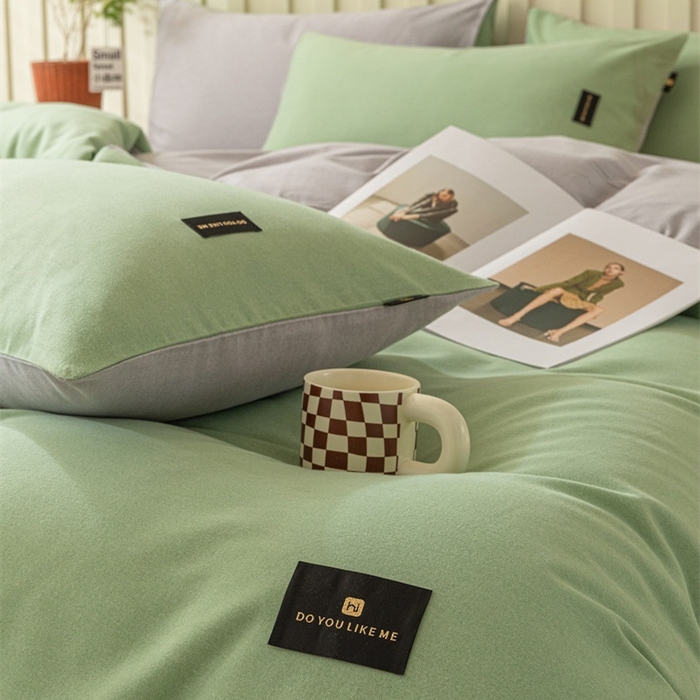 91家纺网 家纺一手货源 找家纺 涵宸家纺 棉磨毛-纯色织标-四件套（含单品） 豆绿+浅灰