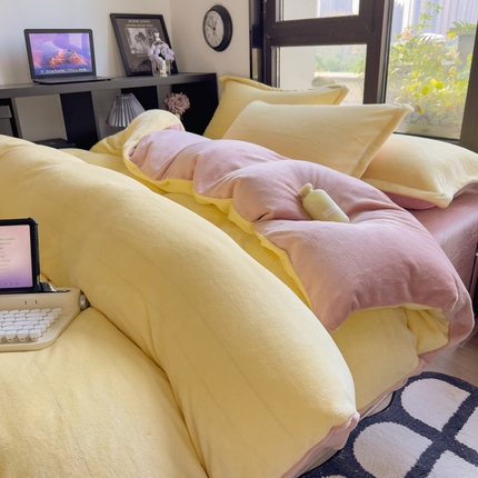 91家纺网 家纺一手货源 找家纺 （总）人人爱家纺 2025新款牛奶绒纯色双拼四件套珊瑚绒法兰绒保暖绒四件套