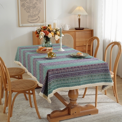 大梧纺织 2023新款波西米亚系列色织提花艺术派复古桌布 绿紫条纹