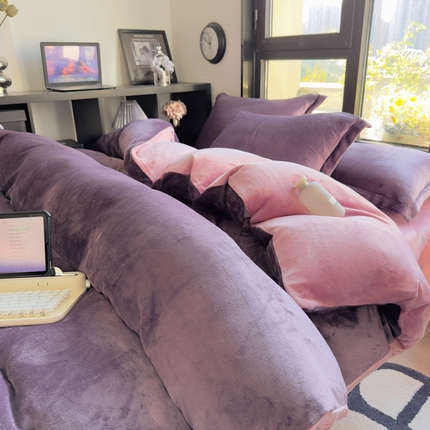 91家纺网 家纺一手货源 找家纺 （总）人人爱家纺 2025新款牛奶绒纯色双拼四件套珊瑚绒法兰绒保暖绒四件套