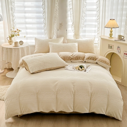 91家纺网 家纺一手货源 找家纺 雅萱家纺 2023新款简约华夫绒四件套 简约华夫 白加咖