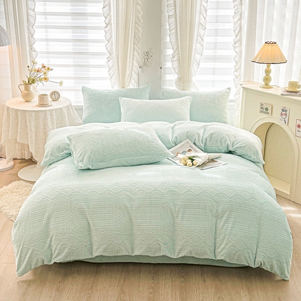 91家纺网 家纺一手货源 找家纺 雅萱家纺 2023新款简约华夫绒四件套 简约华夫蓝色