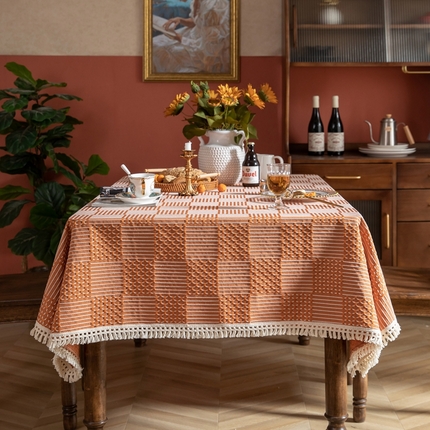 大梧纺织 2023新款方格系列北欧简奢仿棉麻提花桌布 方格-橙