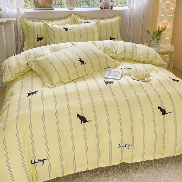 91家纺网 家纺一手货源 找家纺 布可家纺 2025新款水洗棉宽边印花四件套 小夜猫