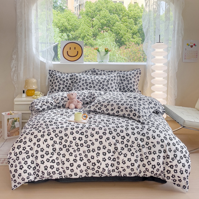 91家纺网 家纺一手货源 找家纺 布可家纺 2025新款水洗棉宽边印花四件套 黑色蔷薇