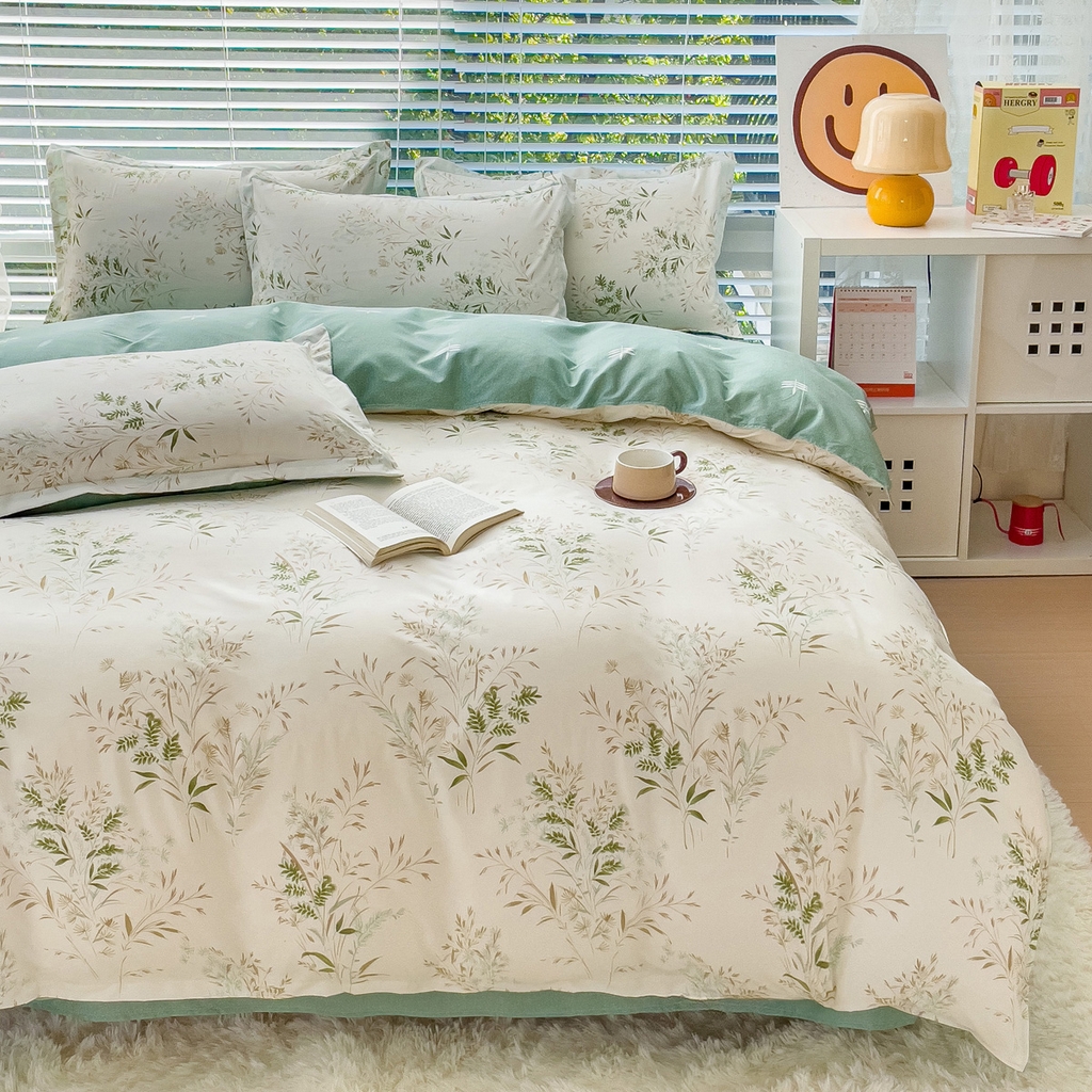 91家纺网 家纺一手货源 找家纺 布可家纺 2025新款水洗棉宽边印花四件套 仙草