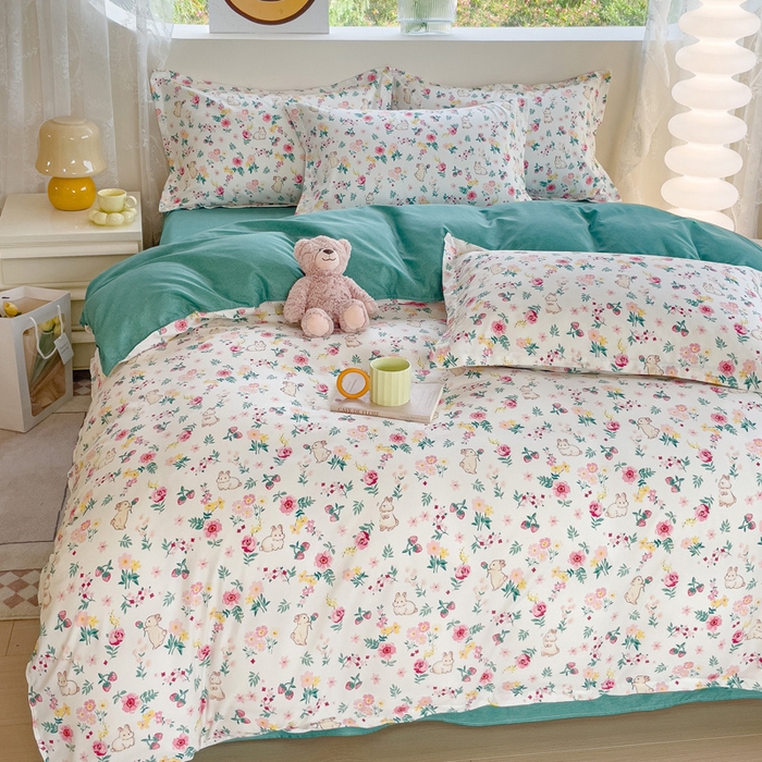 91家纺网 家纺一手货源 找家纺 布可家纺 2025新款水洗棉宽边印花四件套 小粉兔兔