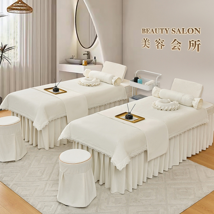 91家纺网 家纺一手货源 找家纺 莉人坊 2023新款磨砂绒花边按摩床罩 贝白