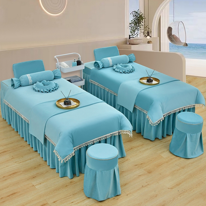 91家纺网 家纺一手货源 找家纺 莉人坊 2023新款磨砂绒流苏按摩床罩 雪蓝