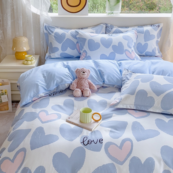 91家纺网 家纺一手货源 找家纺 布可家纺 2025新款水洗棉宽边印花四件套 撞色爱心