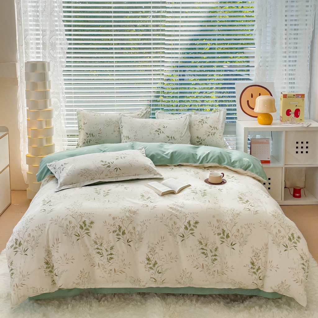 91家纺网 家纺一手货源 找家纺 布可家纺 2025新款水洗棉宽边印花四件套 仙草