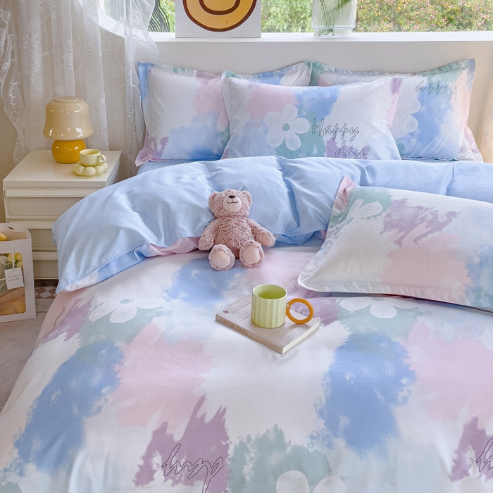 91家纺网 家纺一手货源 找家纺 布可家纺 2025新款水洗棉宽边印花四件套 晕染马卡龙