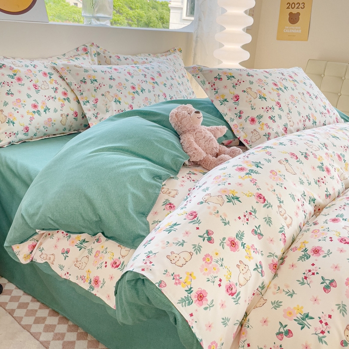 91家纺网 家纺一手货源 找家纺 布可家纺 2025新款水洗棉宽边印花四件套 小粉兔兔