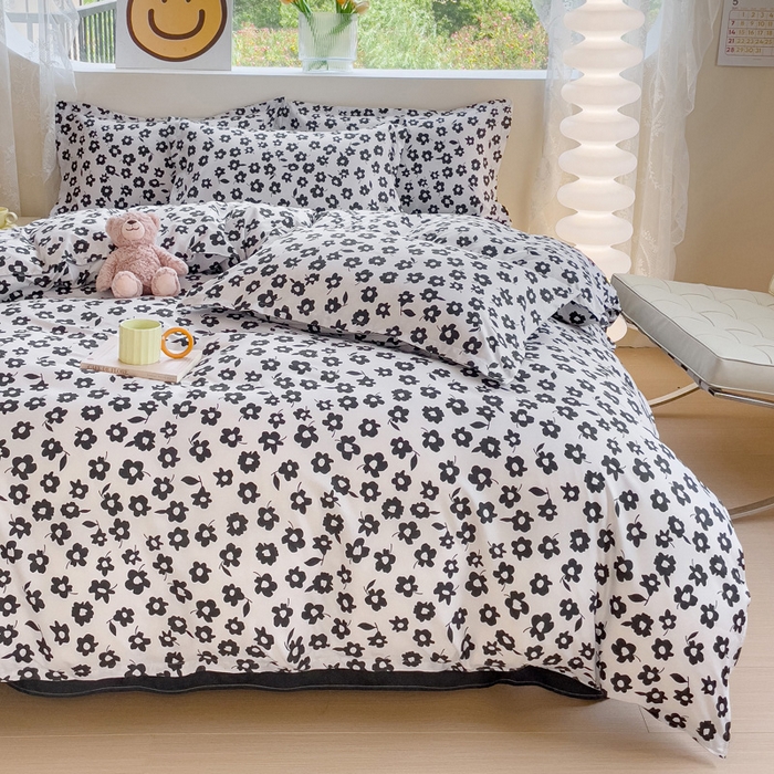 91家纺网 家纺一手货源 找家纺 布可家纺 2025新款水洗棉宽边印花四件套 黑色蔷薇