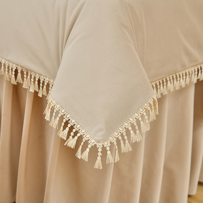 91家纺网 家纺一手货源 找家纺 莉人坊 2023新款磨砂绒流苏按摩床罩 蜜驼