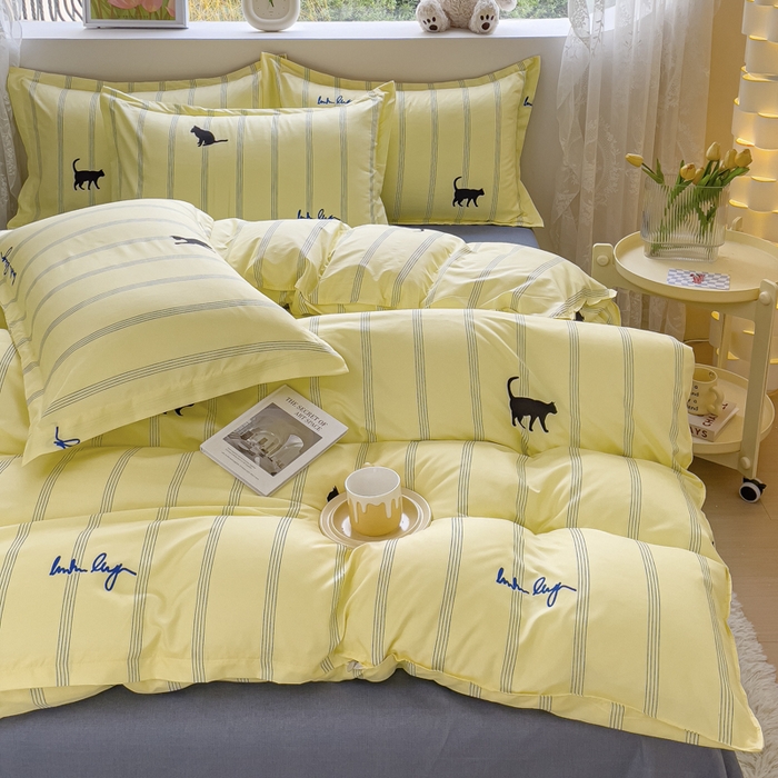 91家纺网 家纺一手货源 找家纺 布可家纺 2025新款水洗棉宽边印花四件套 小夜猫