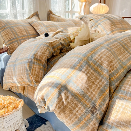 91家纺网 家纺一手货源 找家纺 壹号库家纺 2024秋冬新品暖绒双层纱加厚磨毛四件套 摩洛格调