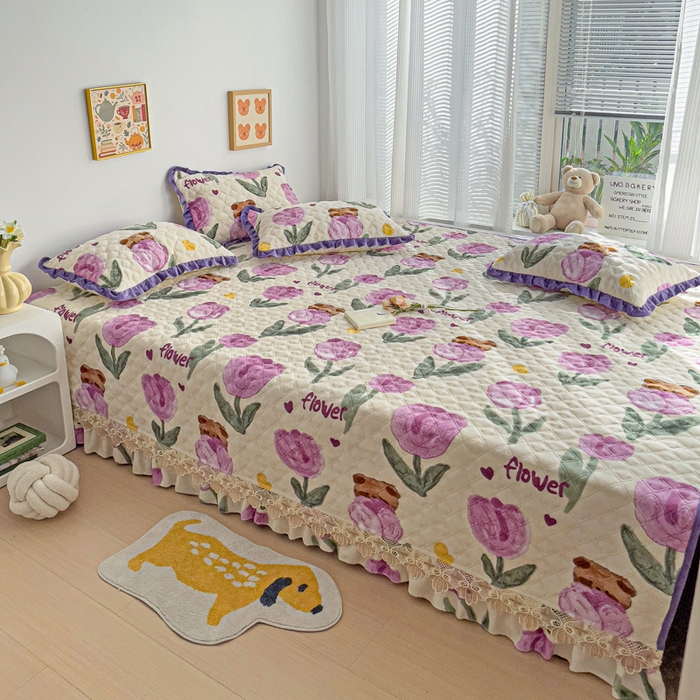 91家纺网 家纺一手货源 找家纺 羽爱家纺 2024新款牛奶绒榻榻米床盖 郁金香 