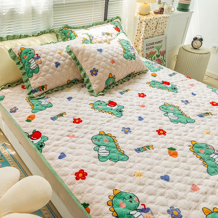 91家纺网 家纺一手货源 找家纺 羽爱家纺 2024新款牛奶绒直边款床盖床垫 恐龙先生 