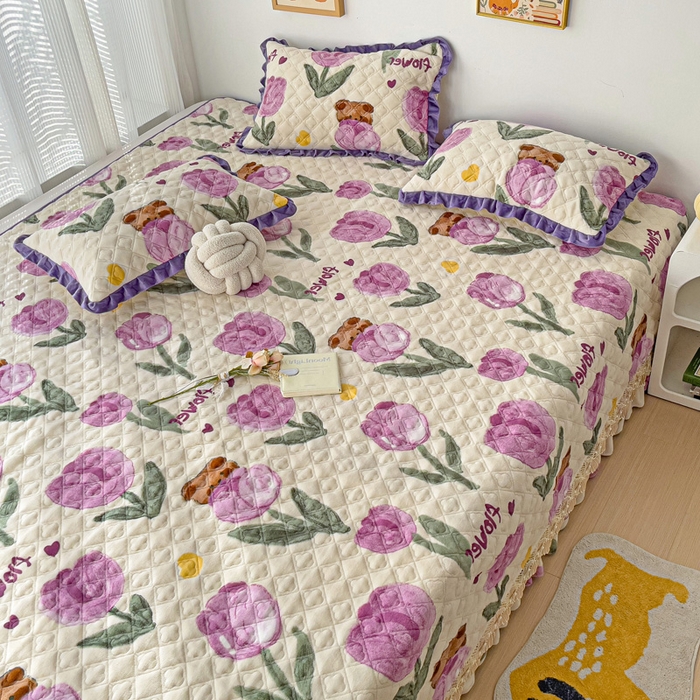 91家纺网 家纺一手货源 找家纺 羽爱家纺 2024新款牛奶绒榻榻米床盖 郁金香 