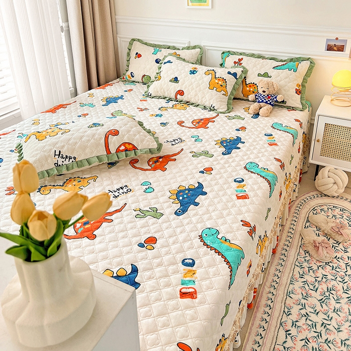 91家纺网 家纺一手货源 找家纺 羽爱家纺 2024新款牛奶绒榻榻米床盖 恐龙世界