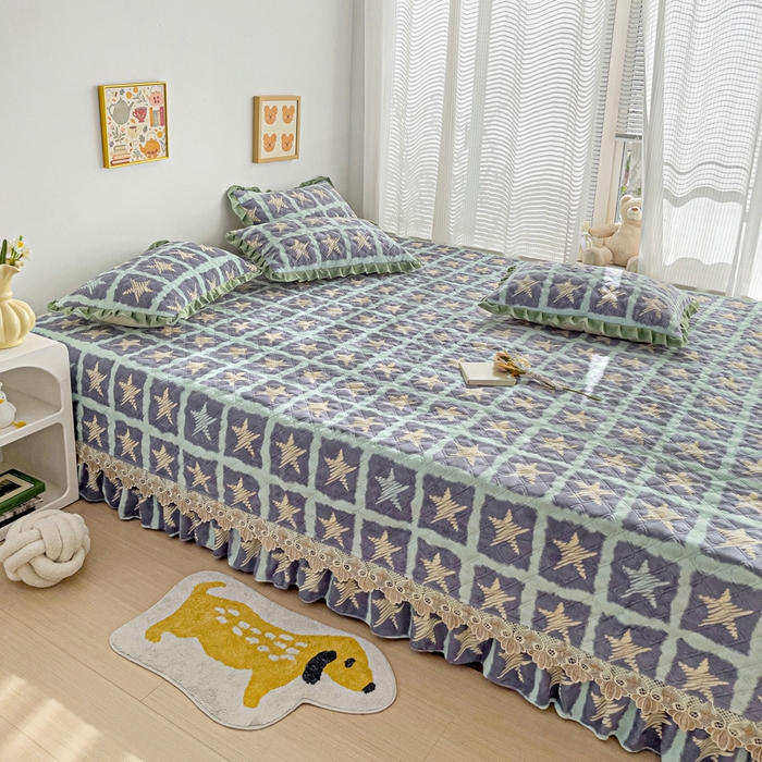 91家纺网 家纺一手货源 找家纺 羽爱家纺 2024新款牛奶绒榻榻米床盖 五角星 