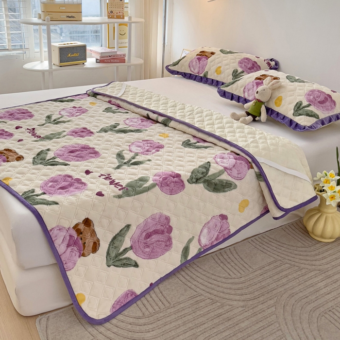 91家纺网 家纺一手货源 找家纺 羽爱家纺 2024新款牛奶绒直边款床盖床垫 郁金香