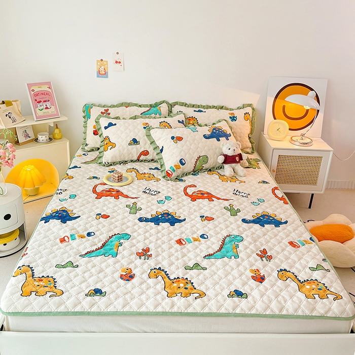 91家纺网 家纺一手货源 找家纺 羽爱家纺 2024新款牛奶绒直边款床盖床垫 恐龙世界