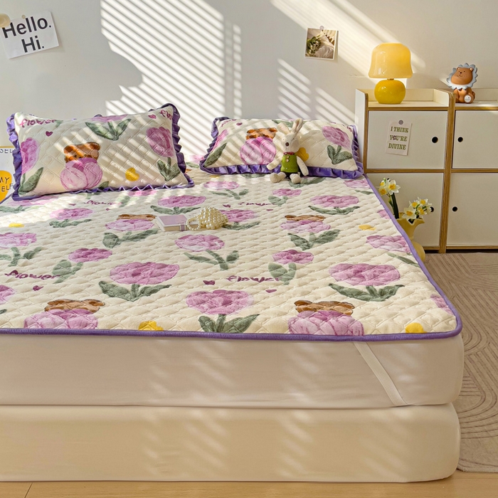 91家纺网 家纺一手货源 找家纺 羽爱家纺 2024新款牛奶绒直边款床盖床垫 郁金香