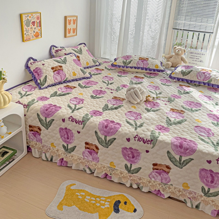 91家纺网 家纺一手货源 找家纺 羽爱家纺 2024新款牛奶绒榻榻米床盖 郁金香 