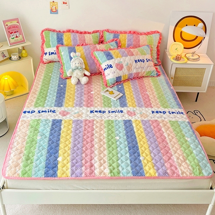 羽爱家纺 2024新款牛奶绒直边款床盖床垫 条纹彩虹