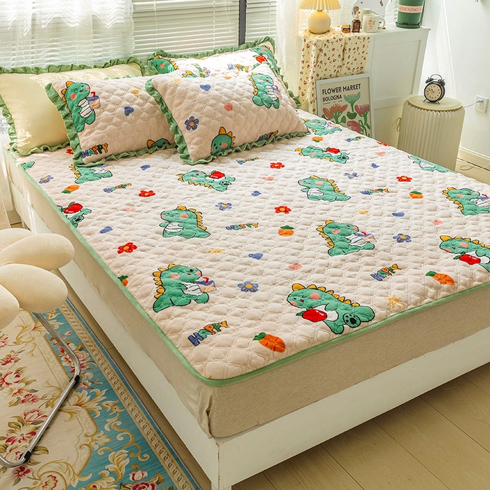 91家纺网 家纺一手货源 找家纺 羽爱家纺 2024新款牛奶绒直边款床盖床垫 恐龙先生 