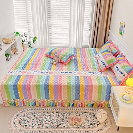 羽爱家纺 2024新款牛奶绒榻榻米床盖 条纹彩虹