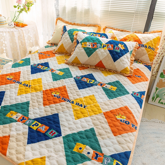 91家纺网 家纺一手货源 找家纺 羽爱家纺 2024新款牛奶绒直边款床盖床垫 开心格