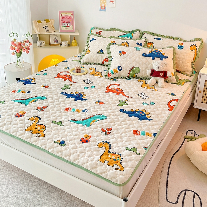 91家纺网 家纺一手货源 找家纺 羽爱家纺 2024新款牛奶绒直边款床盖床垫 恐龙世界