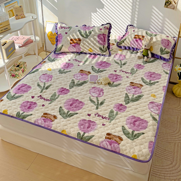 91家纺网 家纺一手货源 找家纺 羽爱家纺 2024新款牛奶绒直边款床盖床垫 郁金香