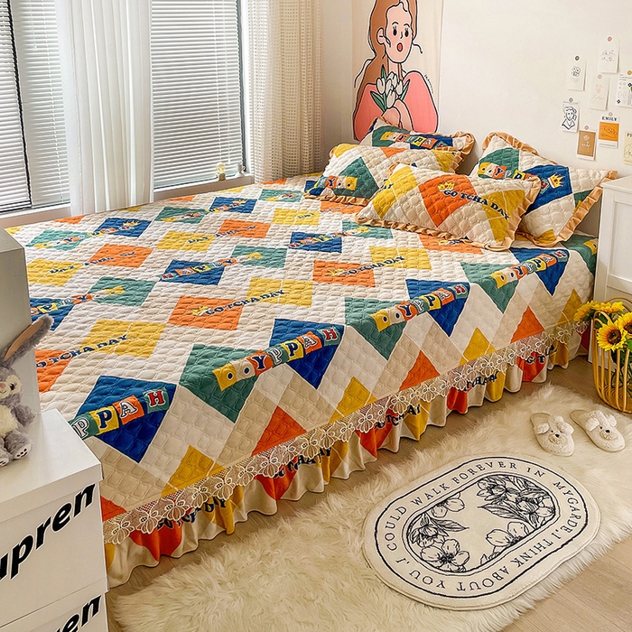 91家纺网 家纺一手货源 找家纺 羽爱家纺 2024新款牛奶绒榻榻米床盖 开心格