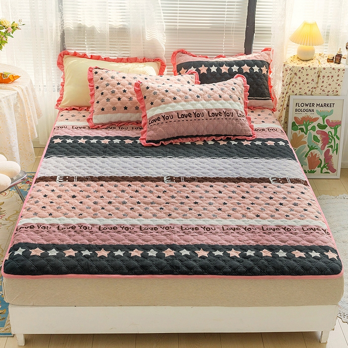 91家纺网 家纺一手货源 找家纺 羽爱家纺 2024新款牛奶绒直边款床盖床垫 星星相惜 