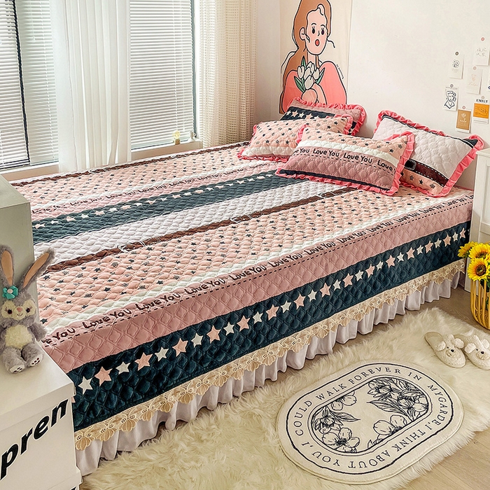 91家纺网 家纺一手货源 找家纺 羽爱家纺 2024新款牛奶绒榻榻米床盖 星星相惜