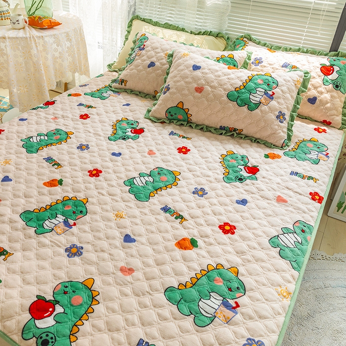 91家纺网 家纺一手货源 找家纺 羽爱家纺 2024新款牛奶绒直边款床盖床垫 恐龙先生 