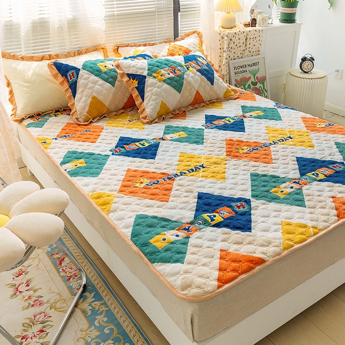 91家纺网 家纺一手货源 找家纺 羽爱家纺 2024新款牛奶绒直边款床盖床垫 开心格