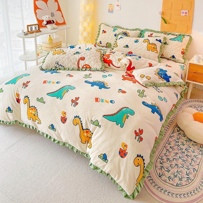 91家纺网 家纺一手货源 找家纺 羽爱家纺 2024新款牛奶绒直边款床盖床垫 恐龙世界