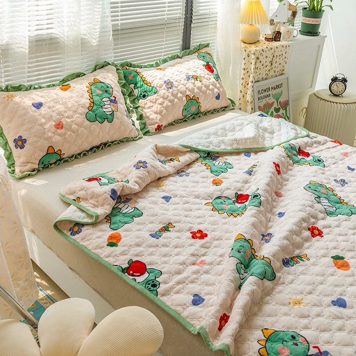 91家纺网 家纺一手货源 找家纺 羽爱家纺 2024新款牛奶绒直边款床盖床垫 恐龙先生 