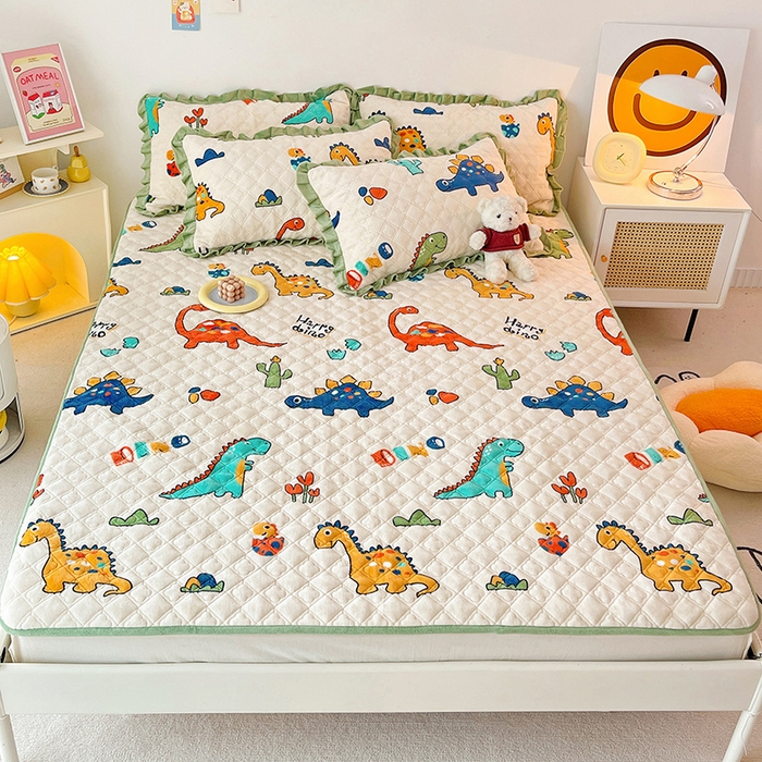 91家纺网 家纺一手货源 找家纺 羽爱家纺 2024新款牛奶绒直边款床盖床垫 恐龙世界