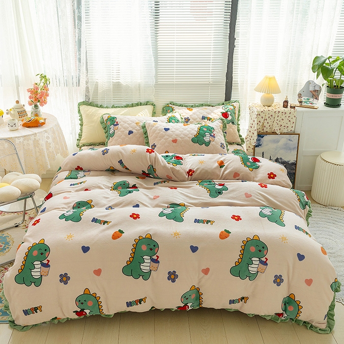 91家纺网 家纺一手货源 找家纺 羽爱家纺 2024新款牛奶绒直边款床盖床垫 恐龙先生 