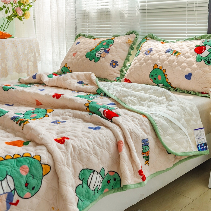 91家纺网 家纺一手货源 找家纺 羽爱家纺 2024新款牛奶绒直边款床盖床垫 恐龙先生 