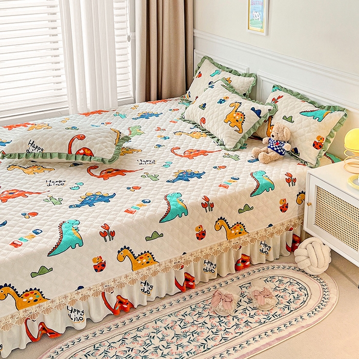 91家纺网 家纺一手货源 找家纺 羽爱家纺 2024新款牛奶绒榻榻米床盖 恐龙世界